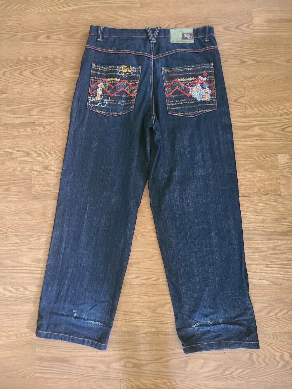 5ive Jungle & Co Raw Dark Blue Embroidered Pocket Baggy Japanese Denim Jeans Y2K